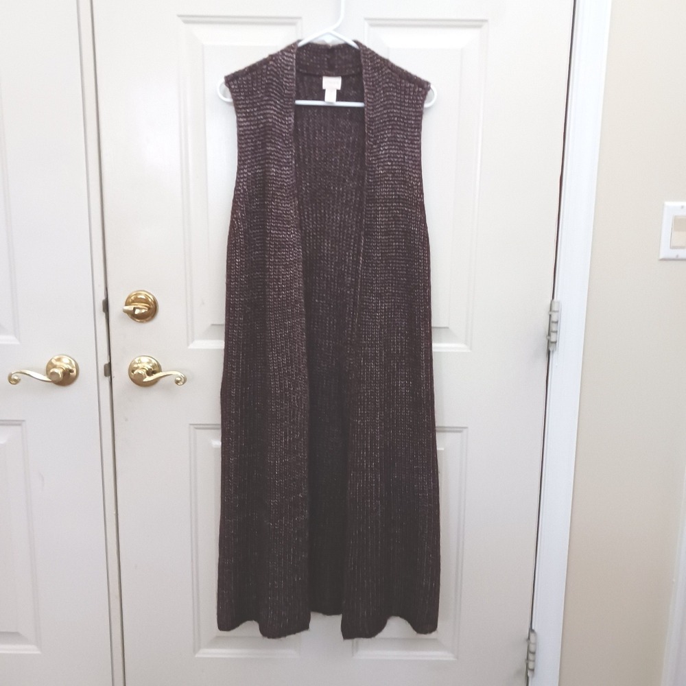 Chico's Women Burgundy Metallic Marl Knit Open Front Duster Vest Size 2 - L